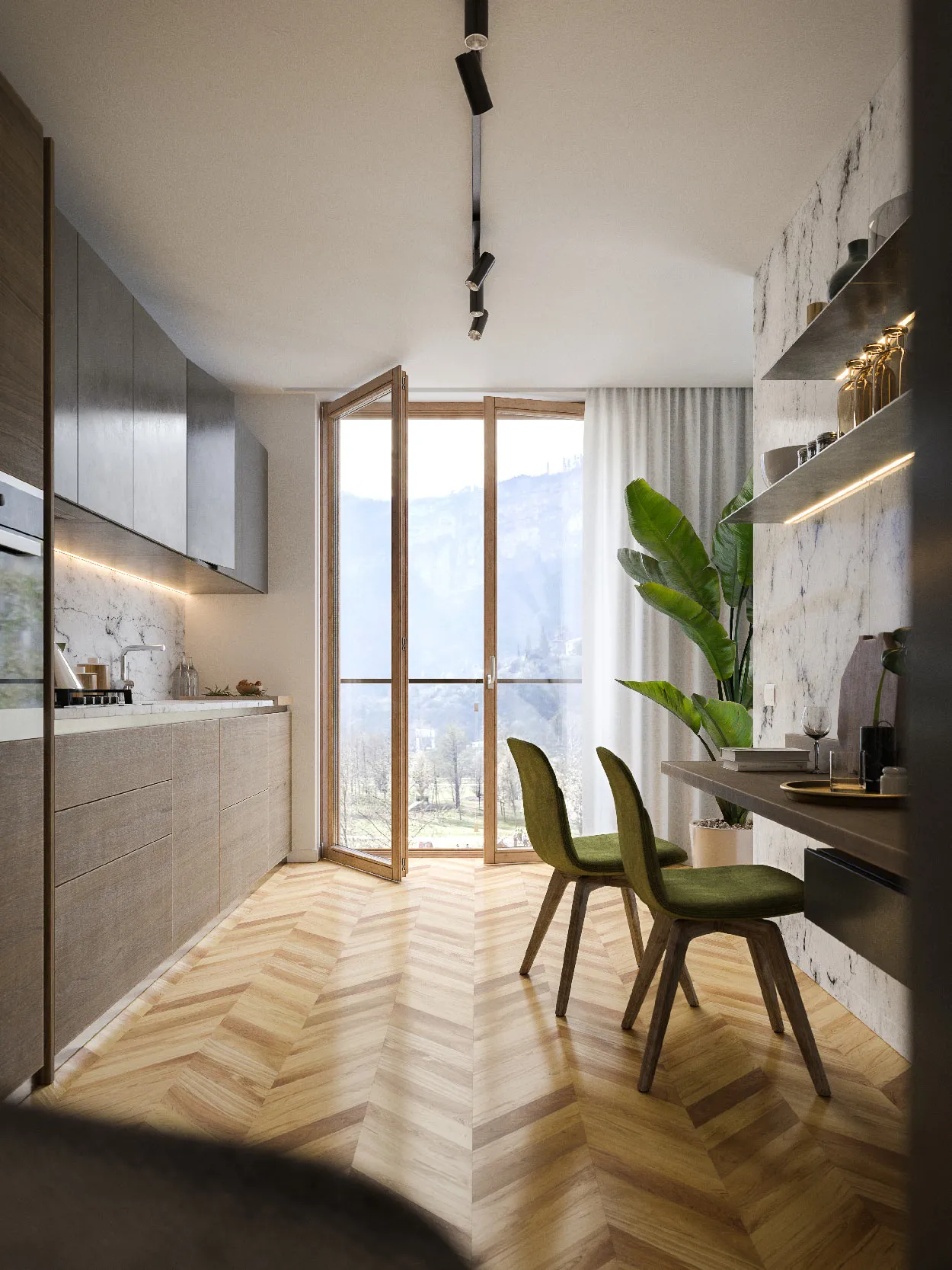 Cucina con vista sulle montagne di Trento