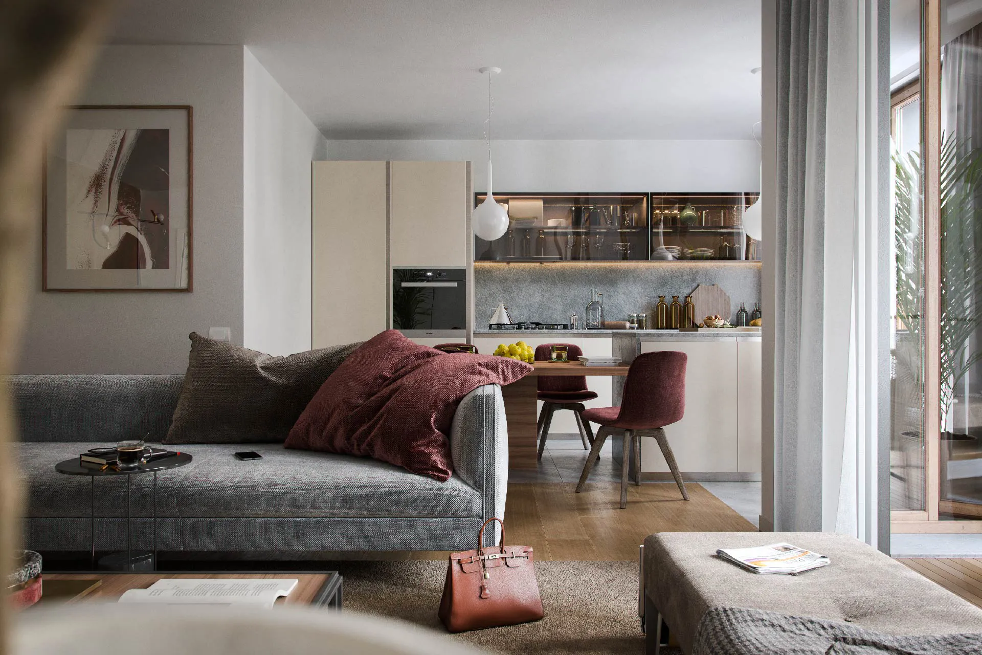 Vista cucina con dettaglio divano